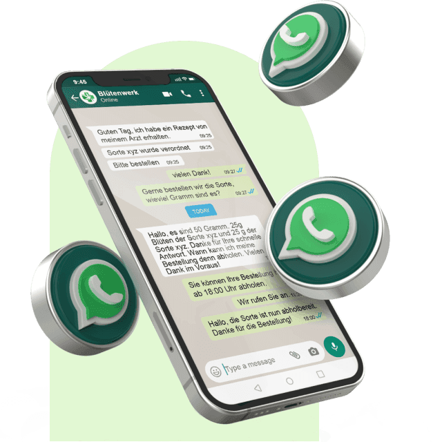 Smartphone mit WhatsApp-Chat zur Rezeptbestellung bei Blütenwerk Durlach