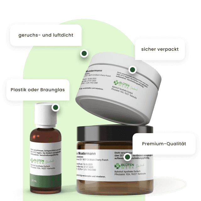 Verpackung und Etiketten medizinischer Cannabisprodukte  oder etwas SEO-freundlicher:  > Packmittel und Produktverpackungen von Blütenwerk Durlach